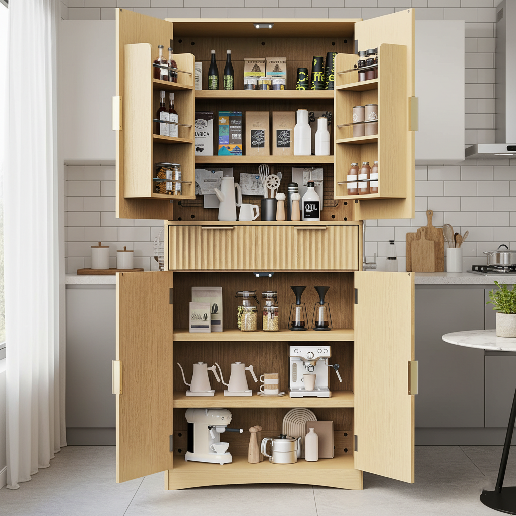 CHITOOMA Fluted Pantry Cabinet, 72″Tall Modern Storage Cabinet with Adjustable Shelves, 4 Doors and Drawer, Anti-Tip Design for for Kitchen, Dining Room,Living Room and Bathroom, Natural Oak