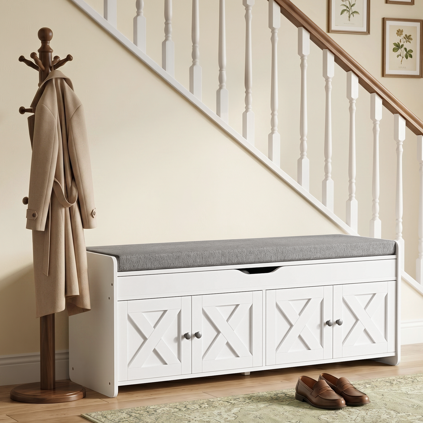 CHITOOMA Shoe Storage Bench, 2-Tier with Cushioned Seat, Adjustable Shelves, 300 lbs Capacity, 47.2" x 15" x 18", White