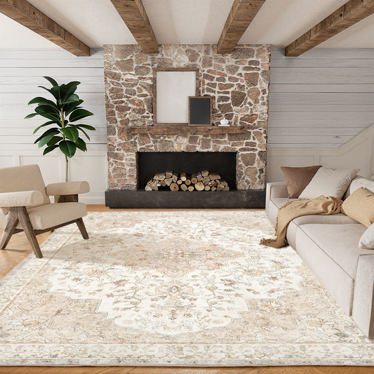 CHITOOMA 5'x7' Boho Area Rugs for Living Room, Machine Washable Stain Resistant Non-Shed Carpet, Floral Area Rug with Non-Slip Backing for Bedroom, Dining Room, Dorm, Office