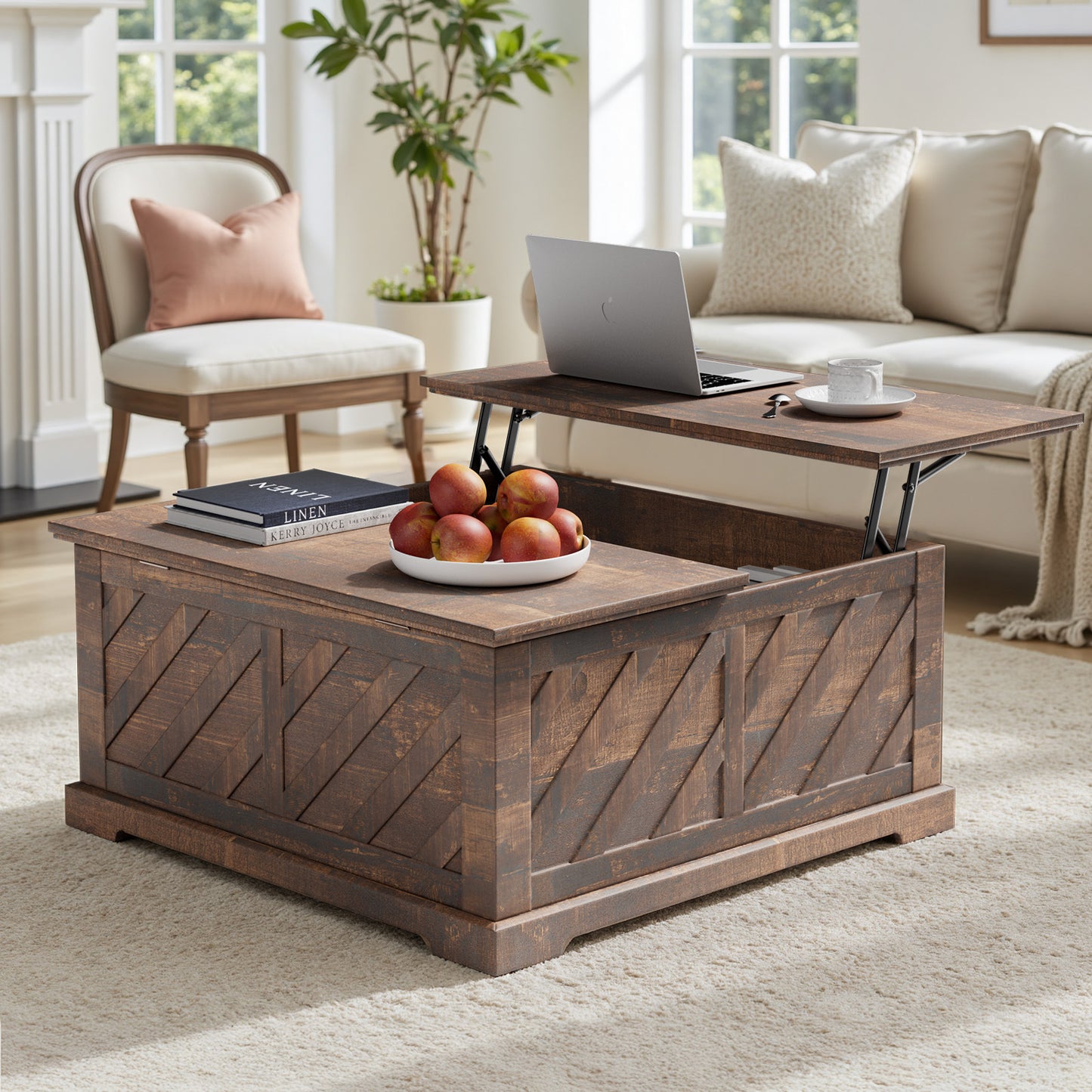 Lift Top Coffee Table, 35"x35" Wood Square Dining Center Table with Storage and Large Hidden Space for Living Room, Vintage Brown