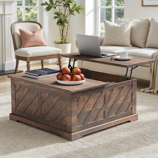 Lift Top Coffee Table, 35"x35" Wood Square Dining Center Table with Storage and Large Hidden Space for Living Room, Vintage Brown