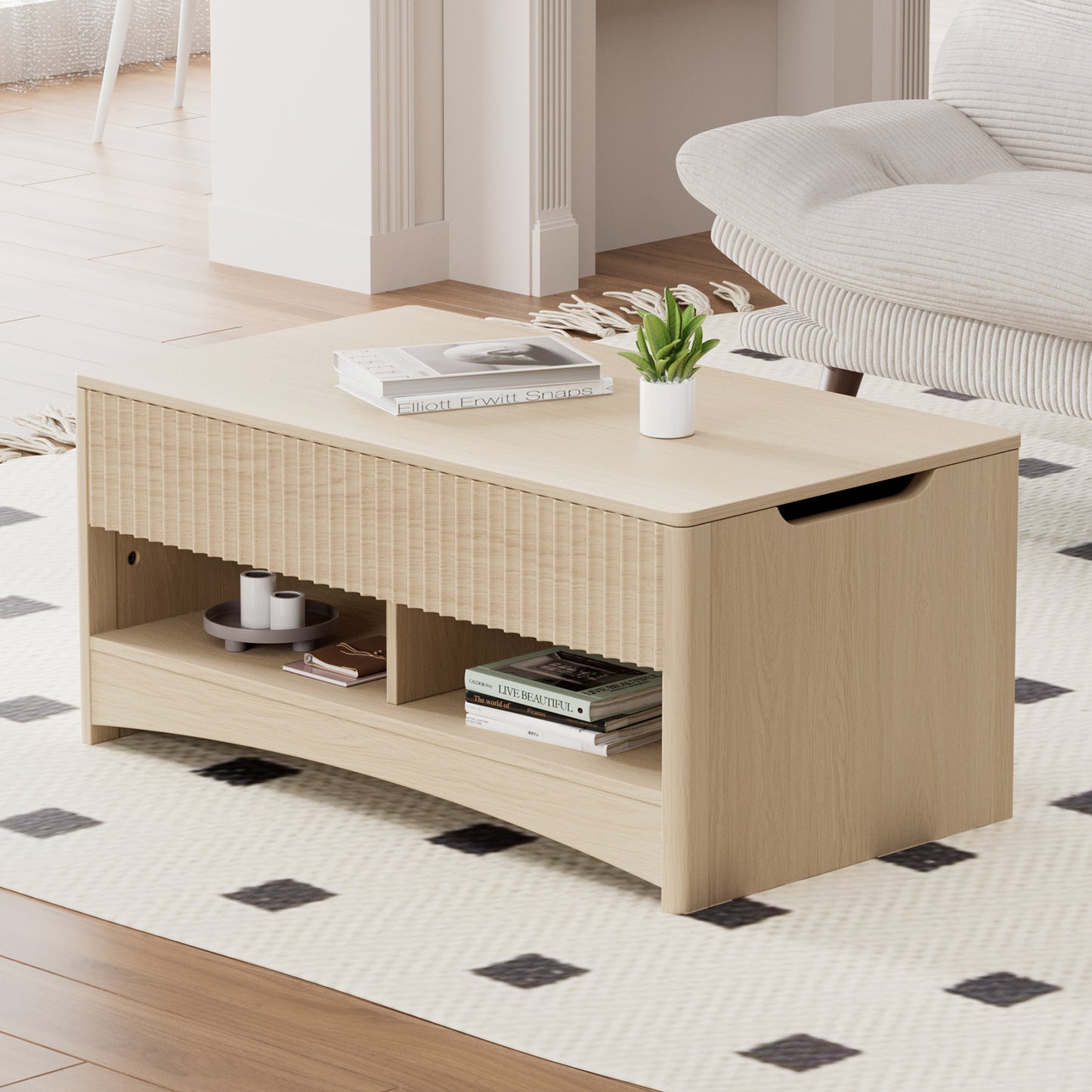 CHITOOMA Modern Lift-Top Coffee Table with Hidden Storage & Open Shelves, Fluted Front Accent Table for Living Room, Natural