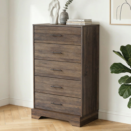 CHITOOMA Fluted Dresser for Bedroom, Modern Wooden 5 Drawer Tall Dresser, Chest of Drawers, Storage Cabine Living Room Hallway, Walnut