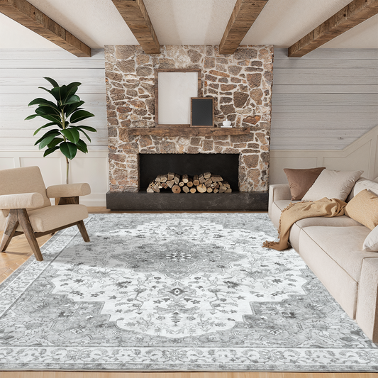 CHITOOMA 5'x7' Machine-washable Area Rugs for Living Room, Stain Resistant Non-Shed Carpet, Boho Floral Area Rugs with Non-Slip Backing for Bedroom, Dining Room, Dorm, Office