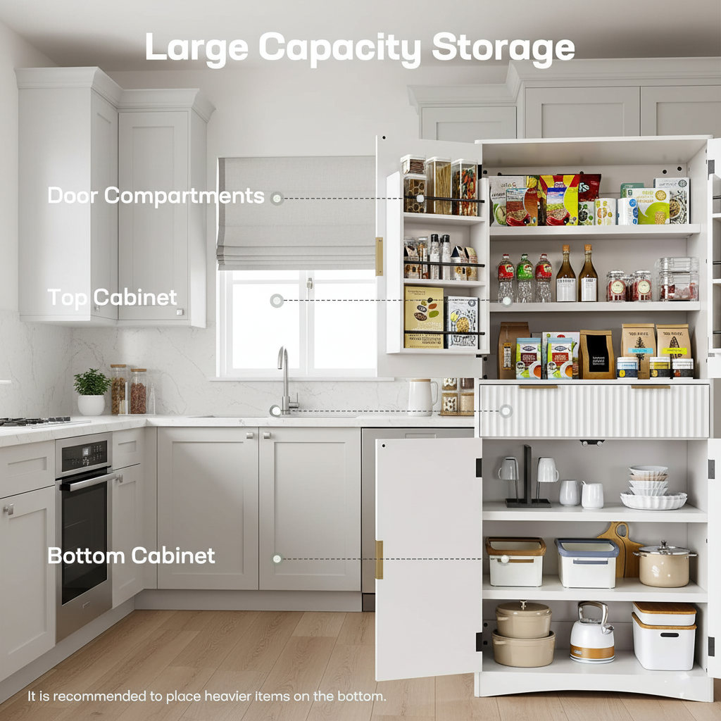 CHITOOMA Fluted Pantry Cabinet, 72″Tall Modern Storage Cabinet with Adjustable Shelves, 4 Doors and Drawer, Anti-Tip Design for for Kitchen, Dining Room, Living Room and Bathroom, White