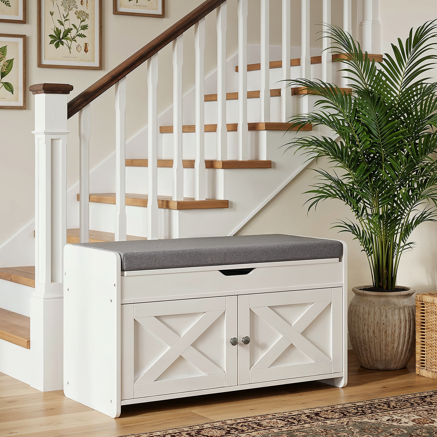 CHITOOMA Shoe Storage Bench, 2-Tier with Cushioned Seat, Adjustable Shelves, 300 lbs Capacity, 31.5" x 15" x 18", White