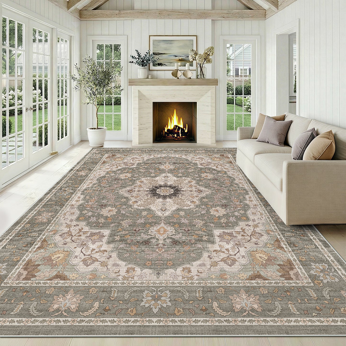 CHITOOMA 9'x12' Area Rugs for Living Room, Boho Machine Washable Stain Resistant Non-Shed Carpet, Floral Area Rug with Non-Slip Backing for Bedroom, Dining Room, Dorm, Office