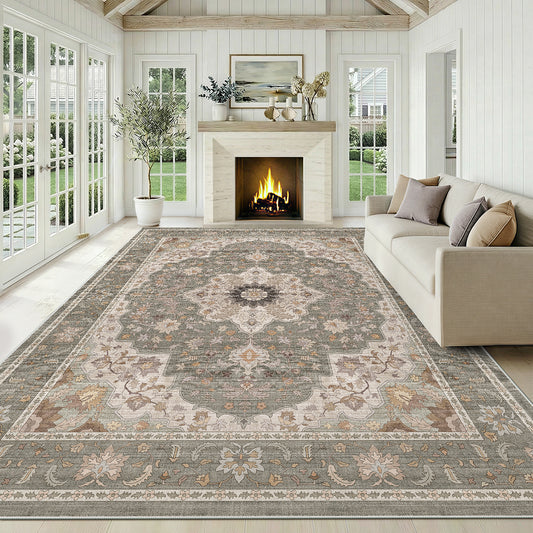 CHITOOMA 9'x12' Area Rugs for Living Room, Boho Machine Washable Stain Resistant Non-Shed Carpet, Floral Area Rug with Non-Slip Backing for Bedroom, Dining Room, Dorm, Office
