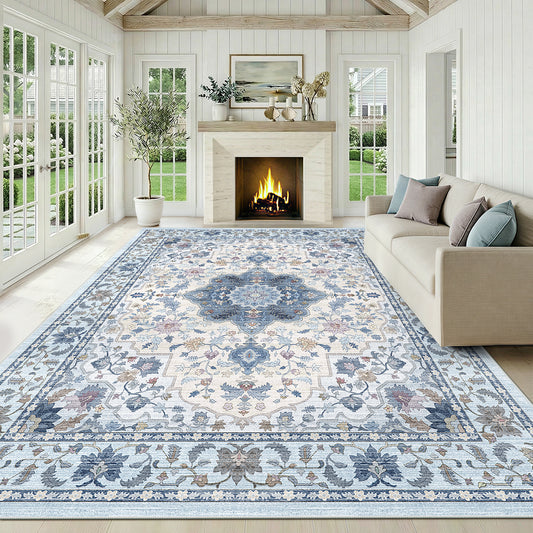 CHITOOMA 9'x12' Area Rugs for Living Room, Boho Machine Washable Stain Resistant Non-Shed Carpet, Floral Area Rug with Non-Slip Backing for Bedroom, Dining Room, Dorm, Office