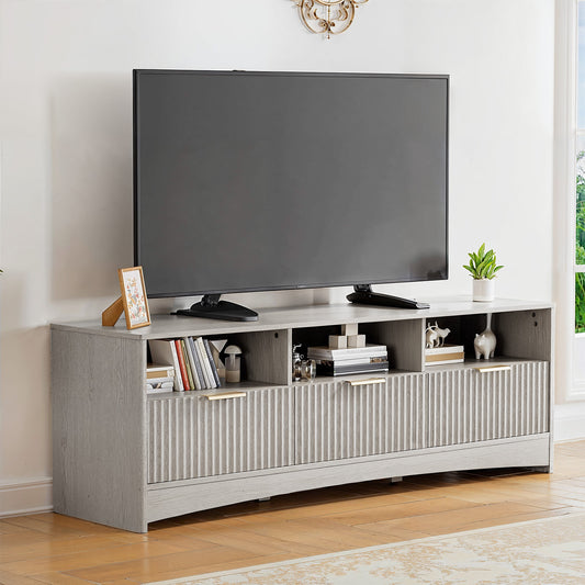 CHITOOMA Modern TV Stand for TVs up to 65", Fluted Media Console with Open Shelves & Hidden Storage Cabinet, Entertainment Center for Living Room, Gray
