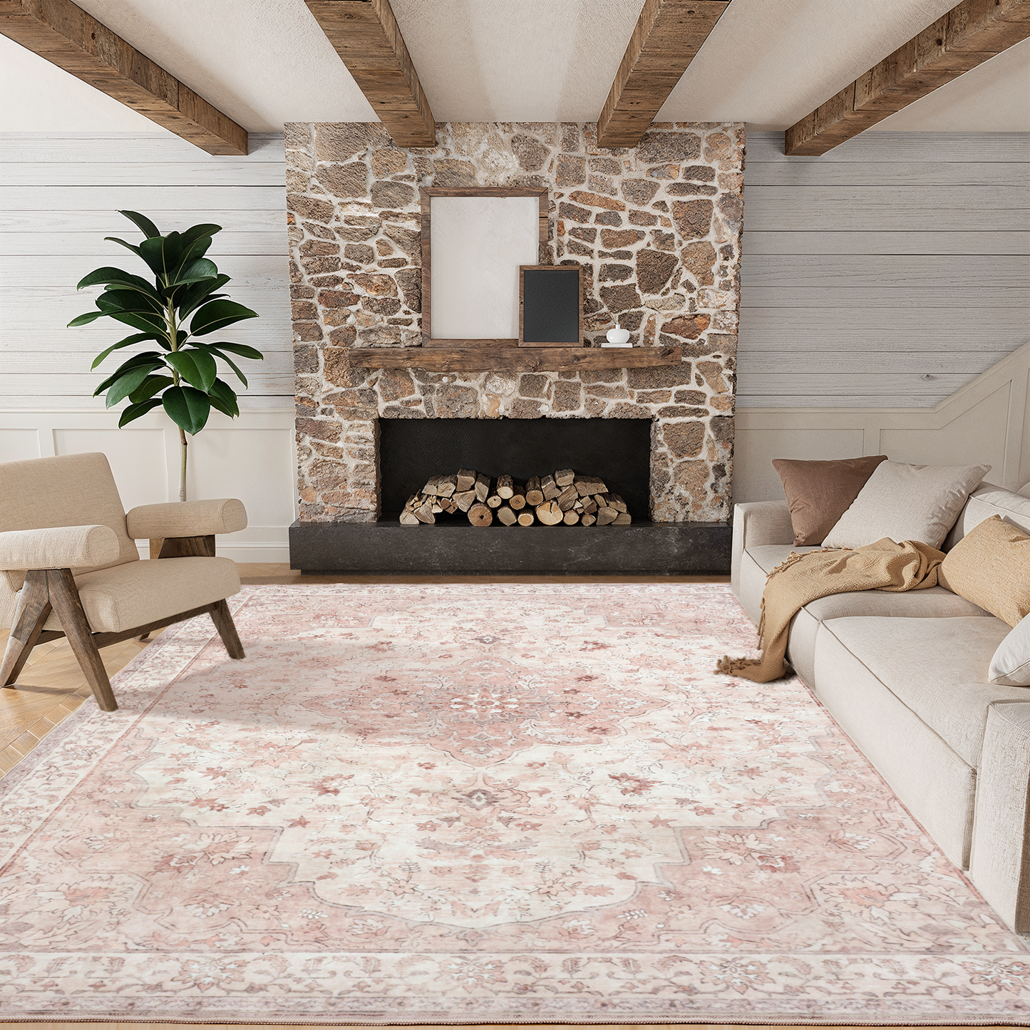 CHITOOMA 5'x7' Machine-washable Area Rugs for Living Room, Boho Floral Area Rugs with Non-Slip Backing, Stain Resistant Non-Shed Carpet for Bedroom, Dining Room, Dorm, Office