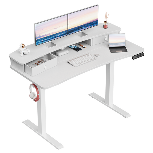 CHITOOMA 48″ x 24″ Electric Standing Desk with 2 Drawers, C-Clamp Mount Compatible, Height Adjustable Computer Desk, Home Office Stand Up Desk with 4 Preset Heights & 2 Hooks, White