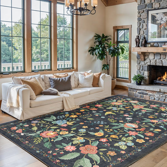 CHITOOMA 8'x10' Machine-washable Area Rugs for Living Room, Boho Floral Area Rugs with Non-Slip Backing, Stain Resistant Non-Shed Carpet for Bedroom, Dining Room, Dorm, Office