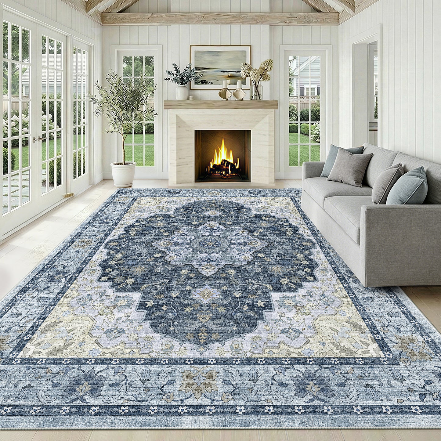 CHITOOMA 9'x12' Area Rugs for Living Room, Boho Machine Washable Stain Resistant Non-Shed Carpet, Floral Area Rug with Non-Slip Backing for Bedroom, Dining Room, Dorm, Office