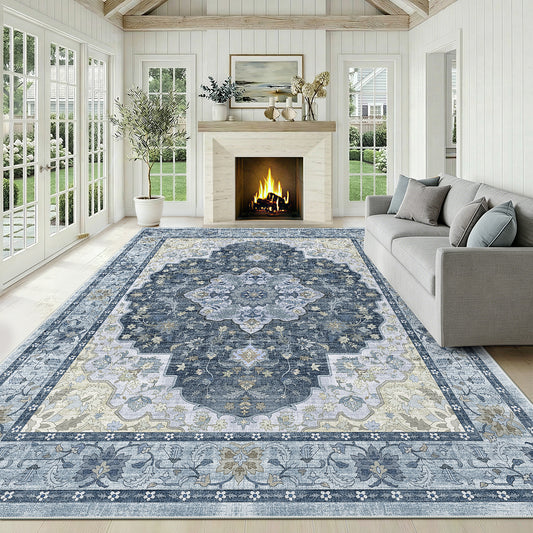 CHITOOMA 9'x12' Area Rugs for Living Room, Boho Machine Washable Stain Resistant Non-Shed Carpet, Floral Area Rug with Non-Slip Backing for Bedroom, Dining Room, Dorm, Office