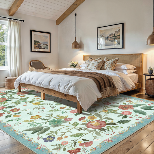 CHITOOMA 6'x9' Boho Area Rugs for Living Room, Machine Washable Stain Resistant Non-Shed Carpet, Floral Area Rug with Non-Slip Backing for Bedroom, Dining Room, Dorm, Office