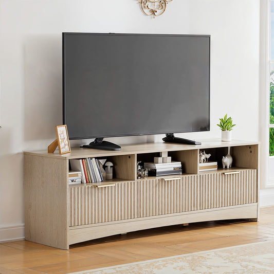 CHITOOMA Modern TV Stand for TVs up to 65", Fluted Media Console with Open Shelves & Hidden Storage Cabinet, Entertainment Center for Living Room, Natural