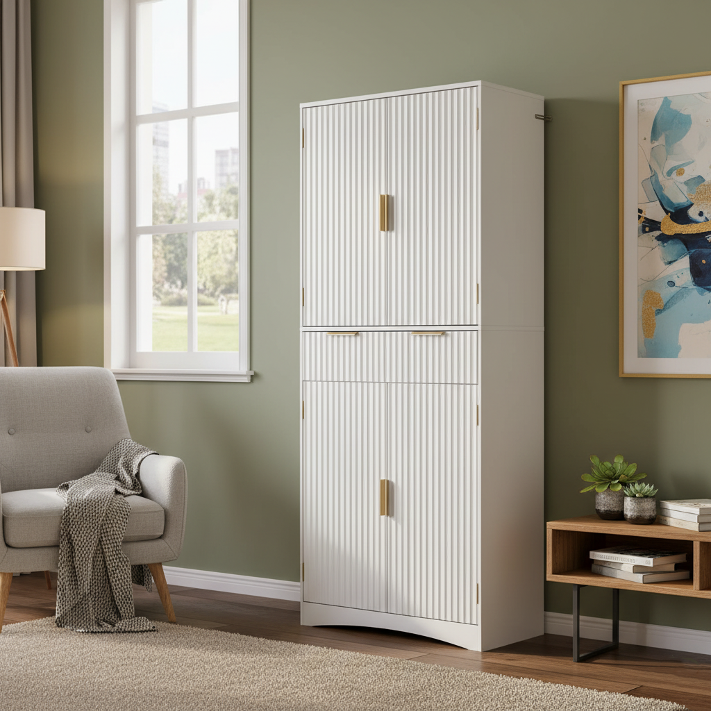 CHITOOMA Fluted Pantry Cabinet, 72″Tall Modern Storage Cabinet with Adjustable Shelves, 4 Doors and Drawer, Anti-Tip Design for for Kitchen, Dining Room, Living Room and Bathroom, White