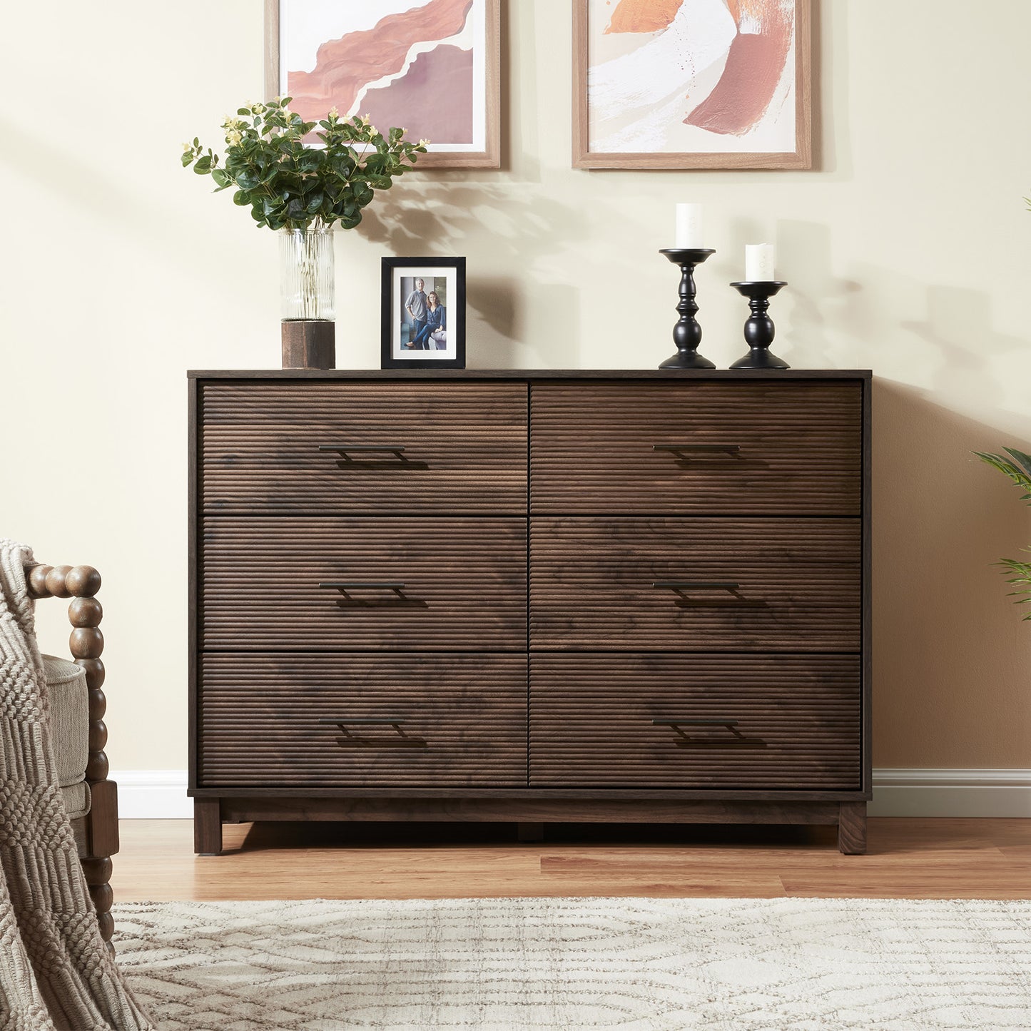 CHITOOMA 6 Drawer Fluted Dresser for Bedroom, Modern Wooden Long Dresser, Storage Cabine Chest of Drawers for Living Room Hallway, Walnut