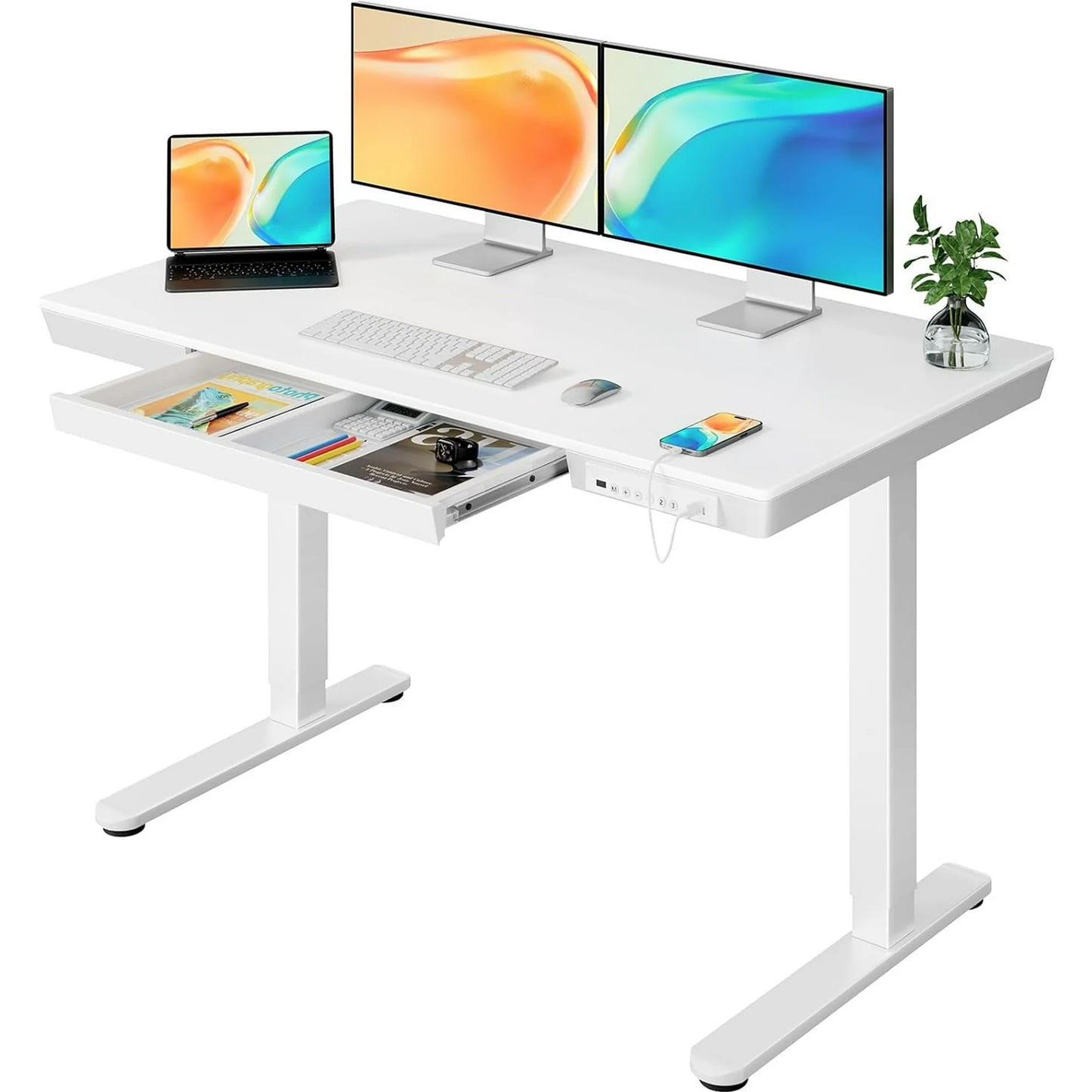 CHITOOMA Electric Standing Desk with Drawer, One Piece Tabletop 48" x 24" Height Adjustable Office Desk with USB Charging Ports, Sit to Stand Desk for Home, White