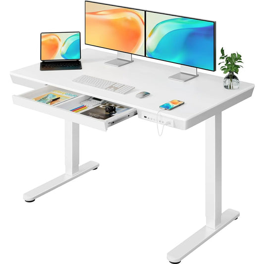 CHITOOMA Electric Standing Desk with Drawer, One Piece Tabletop 48" x 24" Height Adjustable Office Desk with USB Charging Ports, Sit to Stand Desk for Home, White