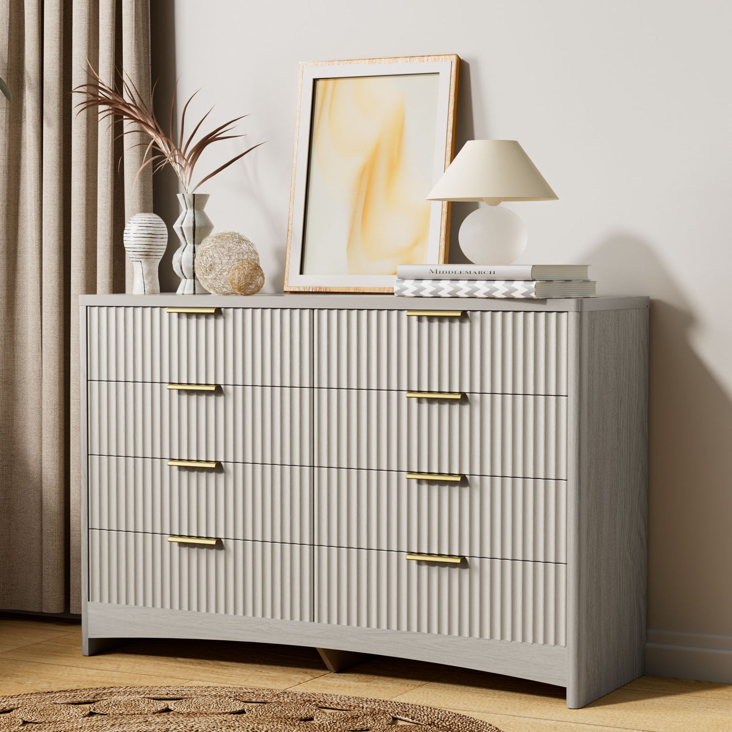CHITOOMA Modern 8 Drawer Dresser for Bedroom, Extra Large Fluted Wood Chest with Gold Handles, Wide Storage Organizer Cabinet, Gray