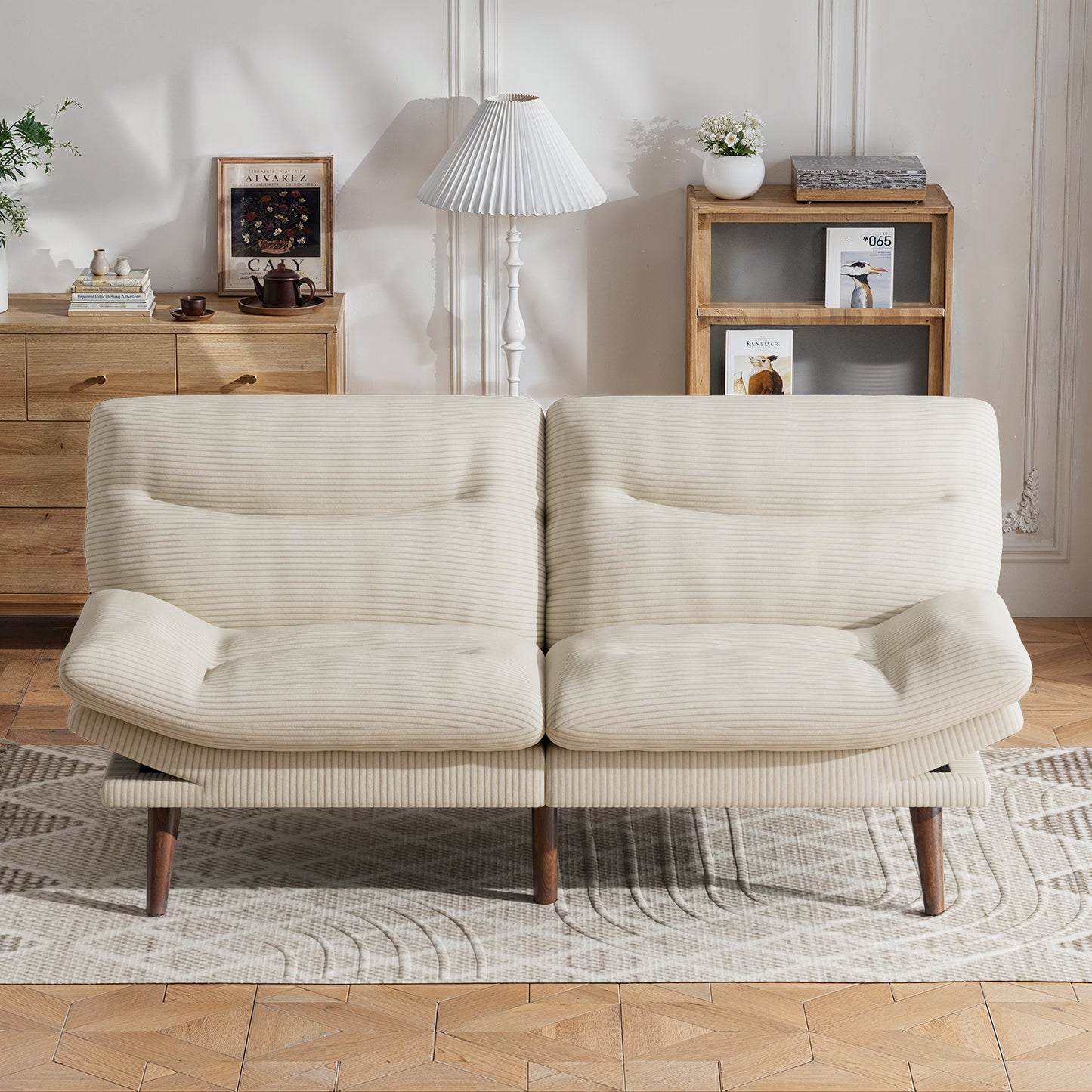 CHITOOMA 66'' Futon Sofa Bed with Adjustable Backrest & Armrests, White Corduroy Convertible Futon Couch, Comfy Loveseat for Small Spaces Apartment, Office