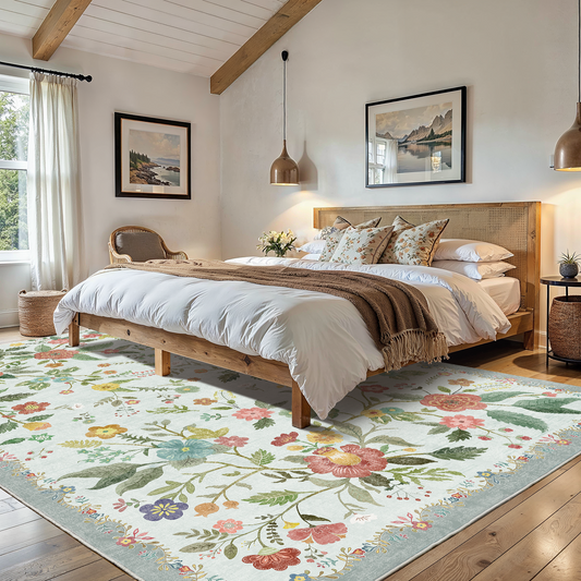 CHITOOMA 6'x9' Boho Area Rugs for Living Room, Machine Washable Stain Resistant Non-Shed Carpet, Floral Area Rug with Non-Slip Backing for Bedroom, Dining Room, Dorm, Office