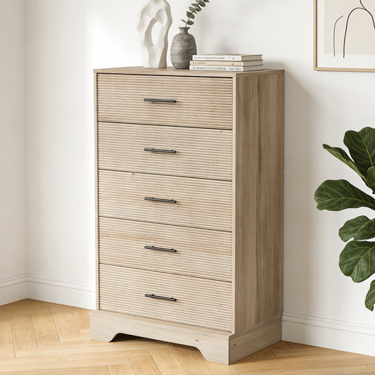 CHITOOMA Fluted Dresser for Bedroom, Modern Wooden 5 Drawer Tall Dresser, Chest of Drawers, Storage Cabine Living Room Hallway, Natural