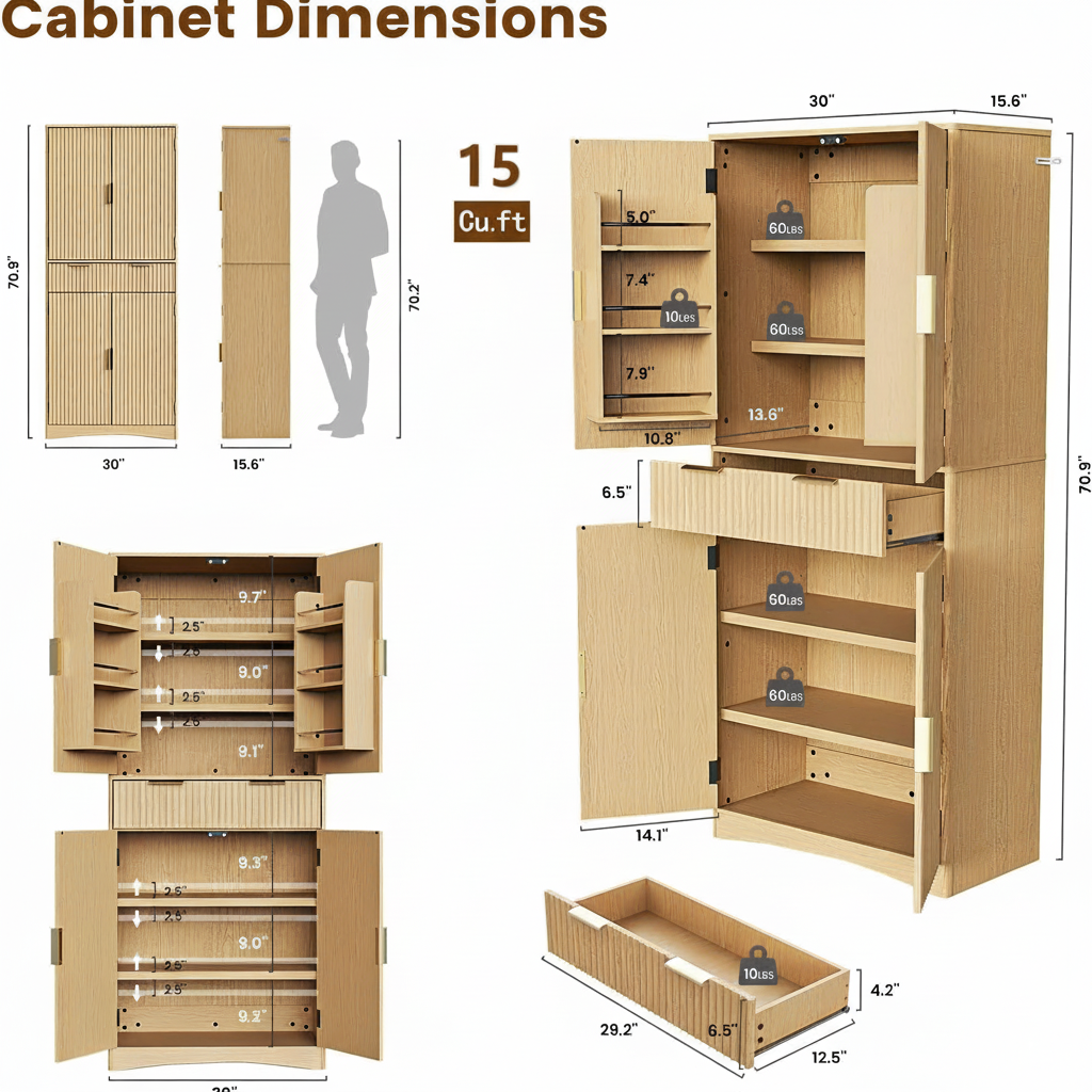 CHITOOMA Fluted Pantry Cabinet, 72″Tall Modern Storage Cabinet with Adjustable Shelves, 4 Doors and Drawer, Anti-Tip Design for for Kitchen, Dining Room,Living Room and Bathroom, Natural Oak