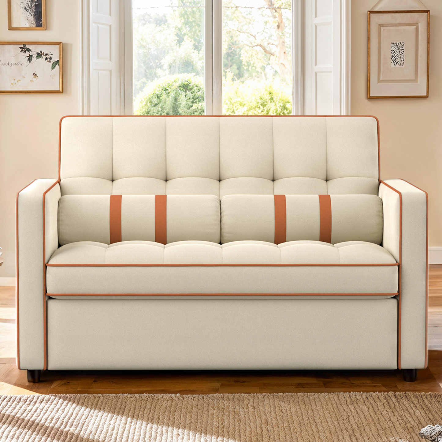 CHITOOMA 3 in 1 Pull Out Sofa Bed with Adjustable Backrest, 70" Convertible Loveseat Sleeper Couch with Charging Port, Side Pockets & Cylinder Pillows for Living Room Apartment, White