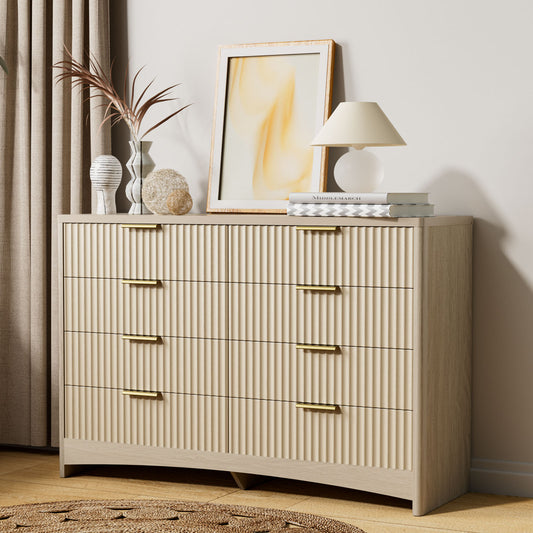CHITOOMA Modern 8 Drawer Dresser for Bedroom, Extra Large Fluted Wood Chest with Gold Handles, Wide Storage Organizer Cabinet, Natural