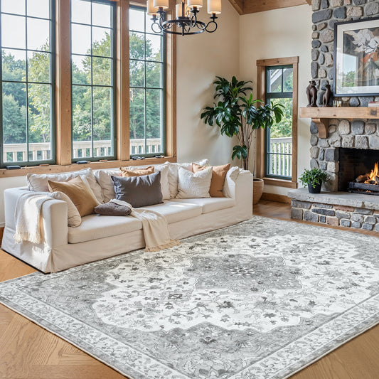 CHITOOMA 8'x10' Machine-washable Area Rugs for Living Room, Boho Floral Area Rugs with Non-Slip Backing, Stain Resistant Non-Shed Carpet for Bedroom, Dining Room, Dorm, Office