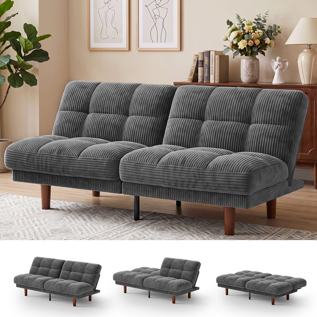 CHITOOMA 66" Futon Sofa Bed with Adjustable Backrest, Corduroy Convertible Futon Couch, Extra-Thick Cushion, Comfy Loveseat for Small Spaces, Apartment or Office, Gray