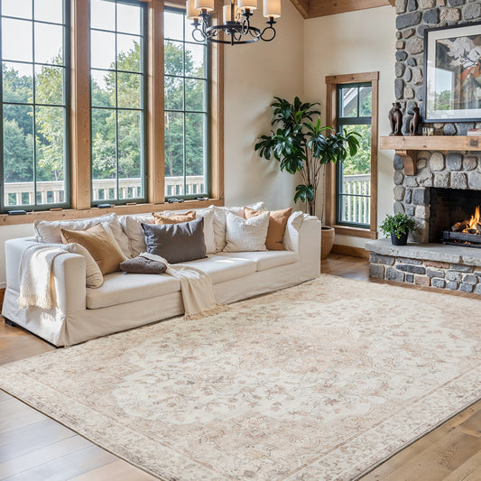 CHITOOMA 9'x12' Boho Area Rugs for Living Room, Machine Washable Floral Area Rug with Non-Slip Backing, Stain Resistant Non-Shed Carpet for Bedroom, Dining Room, Dorm, Office