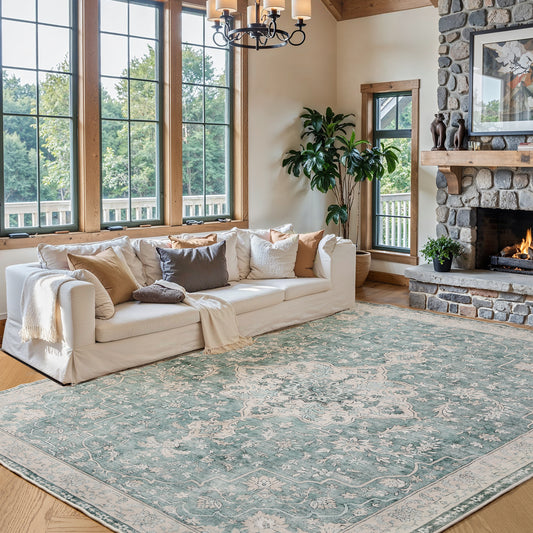 CHITOOMA 8'x10' Boho Area Rugs for Living Room, Machine Washable Floral Area Rug with Non-Slip Backing, Stain Resistant Non-Shed Carpet for Bedroom, Dining Room, Dorm, Office