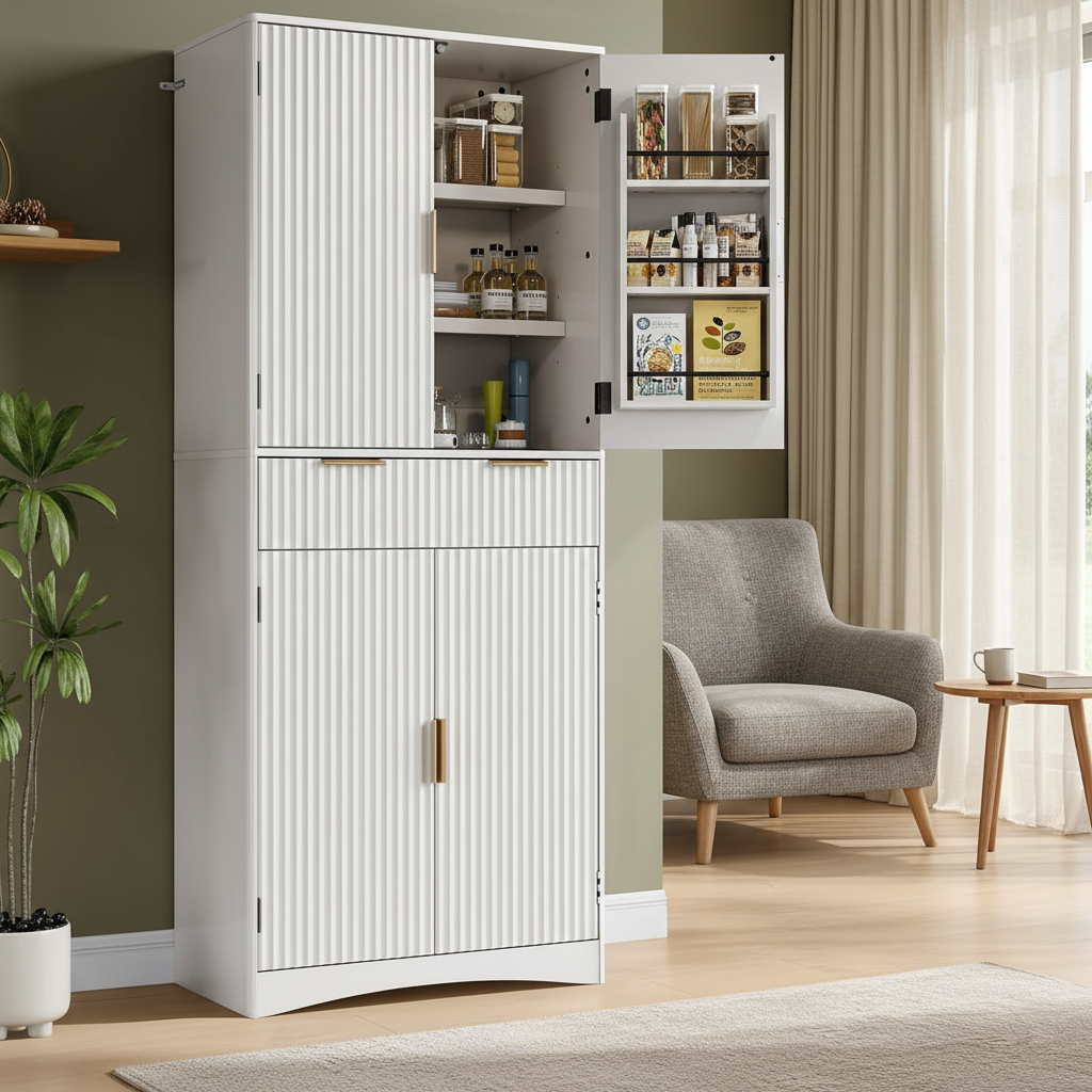 CHITOOMA Fluted Pantry Cabinet, 72″Tall Modern Storage Cabinet with Adjustable Shelves, 4 Doors and Drawer, Anti-Tip Design for for Kitchen, Dining Room, Living Room and Bathroom, White