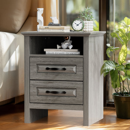 CHITOOMA 2-Drawer Nightstand with Charging Station, Wood Bedside Table with Open Shelf, Small End Table for Bedroom Living Room, Gray