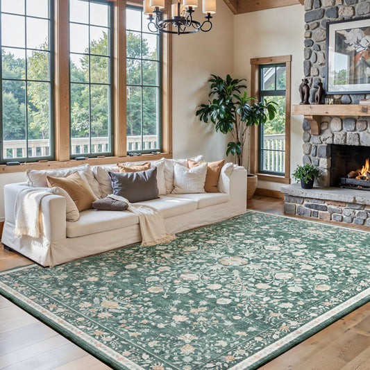 CHITOOMA 8'x10' Boho Area Rugs for Living Room, Machine Washable Floral Area Rug with Non-Slip Backing, Stain Resistant Non-Shed Carpet for Bedroom, Dining Room, Dorm, Office