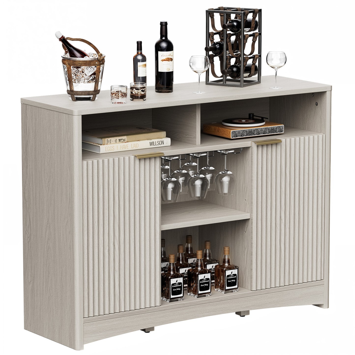 CHITOOMA Modern Coffee Bar Cabinet with Wine Glass Rack, Fluted Buffet Sideboard with Adjustable Storage Shelves and Doors, Liquor Bar Table for Dining Room or Living Room, Gray