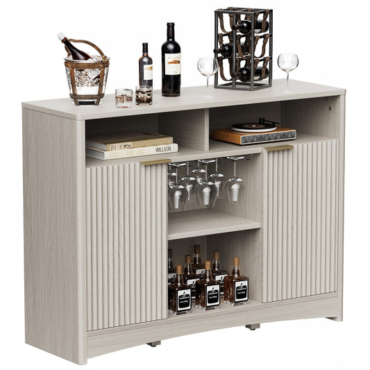 CHITOOMA Modern Coffee Bar Cabinet with Wine Glass Rack, Fluted Buffet Sideboard with Adjustable Storage Shelves and Doors, Liquor Bar Table for Dining Room or Living Room, Gray