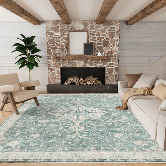 CHITOOMA 5'x7' Boho Area Rugs for Living Room, Machine Washable Stain Resistant Non-Shed Carpet, Floral Area Rug with Non-Slip Backing for Bedroom, Dining Room, Dorm, Office
