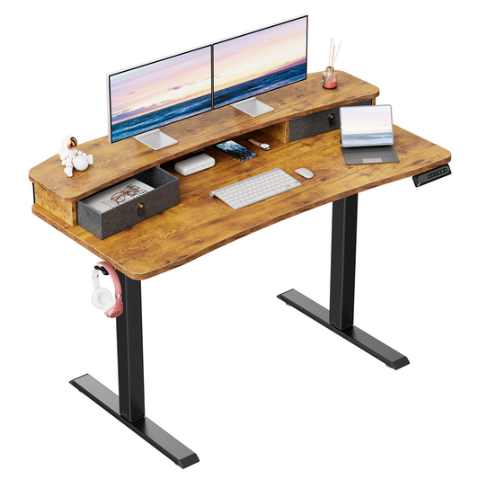 CHITOOMA 48″ x 24″ Electric Standing Desk with 2 Drawers, C-Clamp Mount Compatible, Height Adjustable Computer Desk, Home Office Stand Up Desk with 4 Preset Heights & 2 Hooks, Vintage Brown