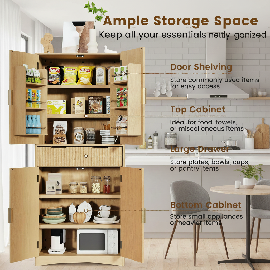 CHITOOMA Fluted Pantry Cabinet, 72″Tall Modern Storage Cabinet with Adjustable Shelves, 4 Doors and Drawer, Anti-Tip Design for for Kitchen, Dining Room,Living Room and Bathroom, Natural Oak