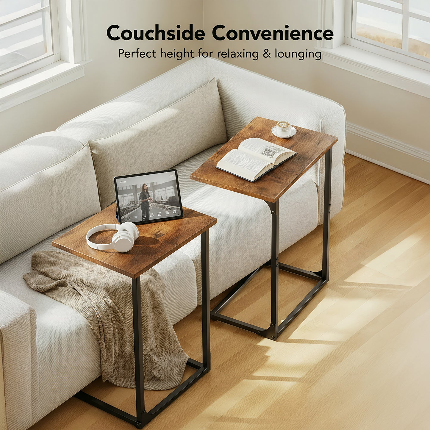 C Shaped End Sofa Table 2pcs, Widened Vintage End Table Side Table for Living Room, Bedroom, 27"(H) x 21.1"(W) x 11.4"(D), Brown