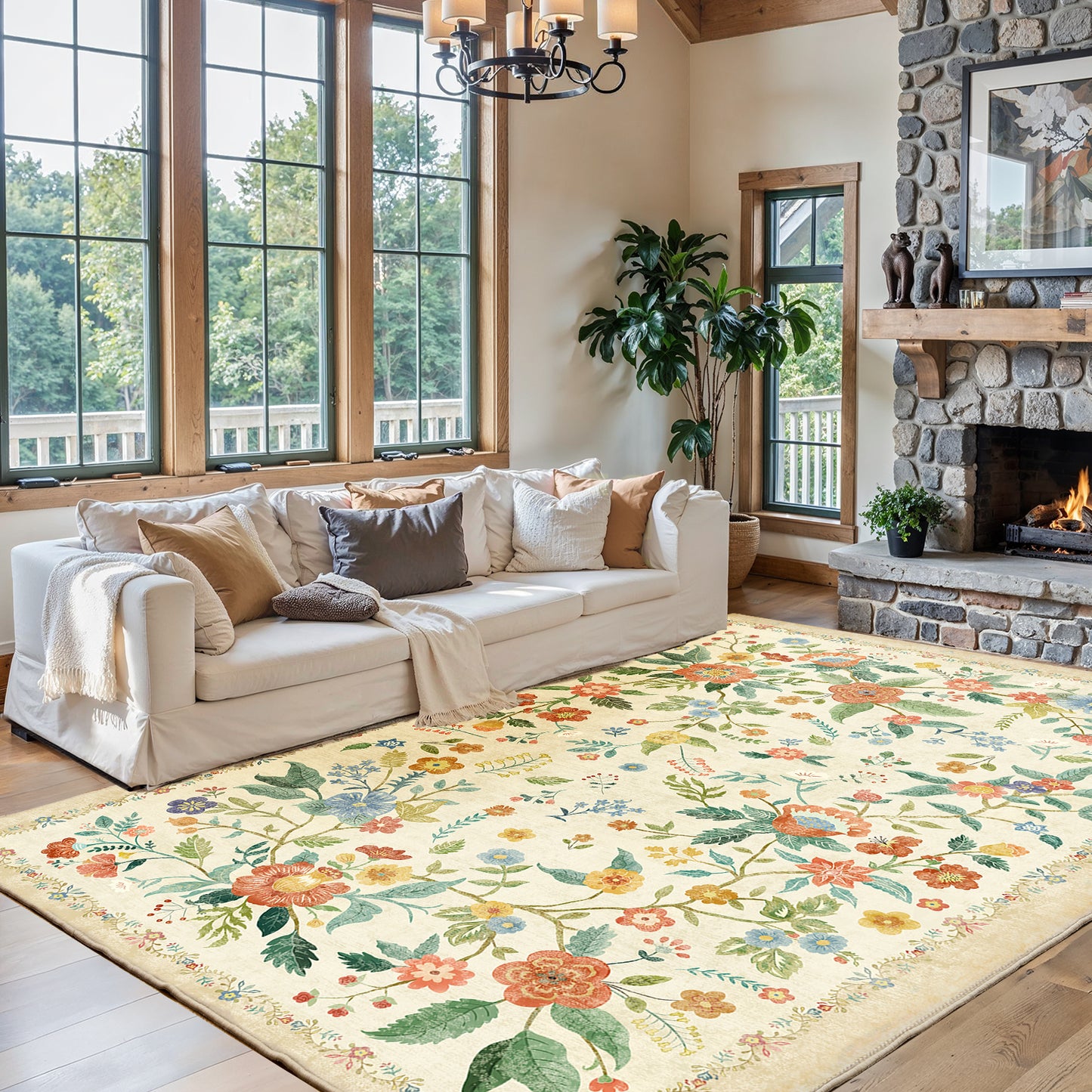 CHITOOMA 8'x10' Boho Area Rugs for Living Room, Machine Washable Floral Area Rug with Non-Slip Backing, Stain Resistant Non-Shed Carpet for Bedroom, Dining Room, Dorm, Office