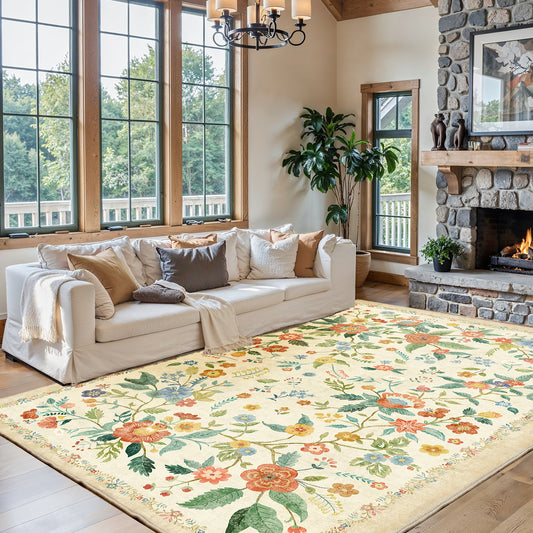 CHITOOMA 8'x10' Boho Area Rugs for Living Room, Machine Washable Floral Area Rug with Non-Slip Backing, Stain Resistant Non-Shed Carpet for Bedroom, Dining Room, Dorm, Office