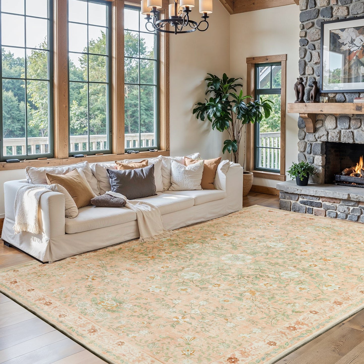 CHITOOMA 8'x10' Boho Area Rugs for Living Room, Machine Washable Floral Area Rug with Non-Slip Backing, Stain Resistant Non-Shed Carpet for Bedroom, Dining Room, Dorm, Office
