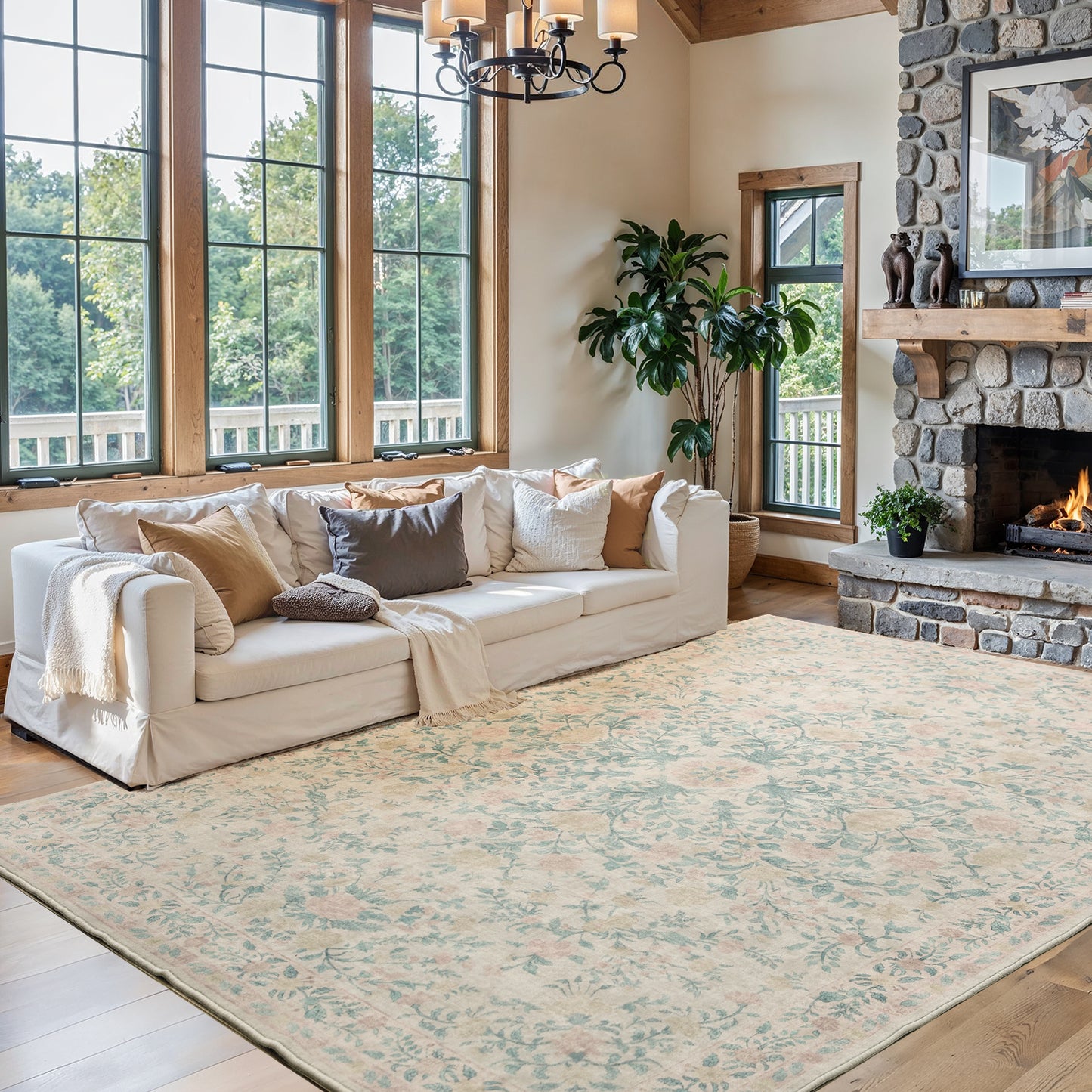 CHITOOMA 9'x12' Boho Area Rugs for Living Room, Machine Washable Floral Area Rug with Non-Slip Backing, Stain Resistant Non-Shed Carpet for Bedroom, Dining Room, Dorm, Office