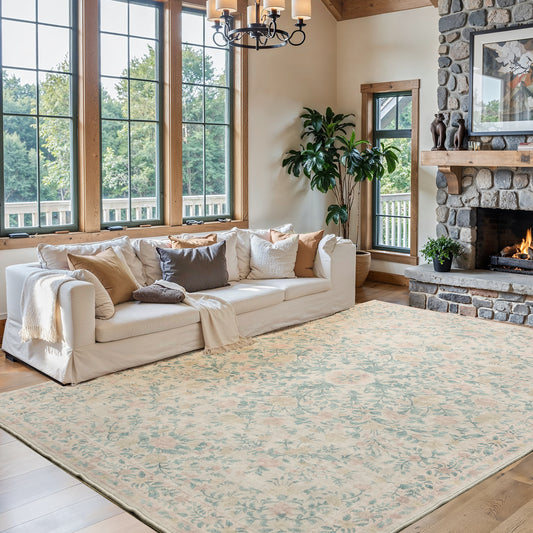 CHITOOMA 9'x12' Boho Area Rugs for Living Room, Machine Washable Floral Area Rug with Non-Slip Backing, Stain Resistant Non-Shed Carpet for Bedroom, Dining Room, Dorm, Office